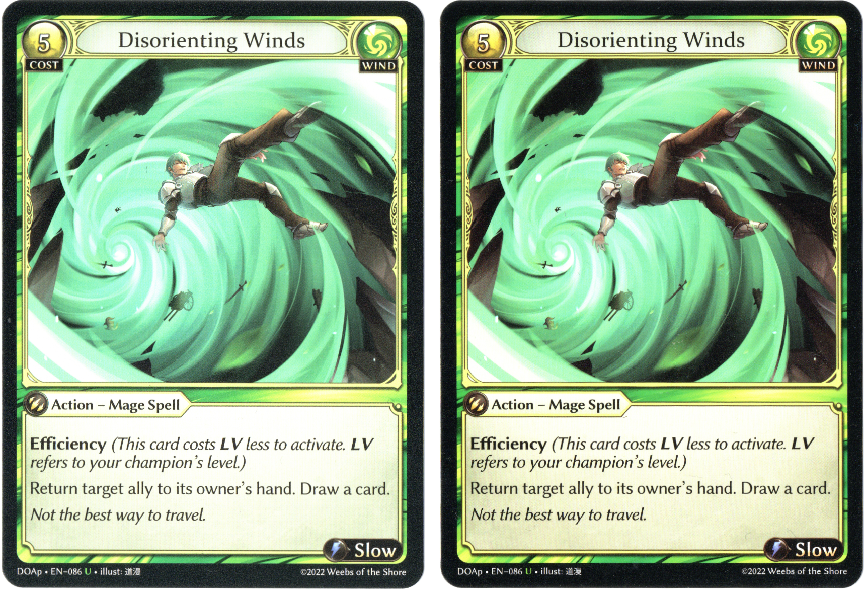 DOAp Disorienting Winds starter deck print (left) vs booster pack print (right).